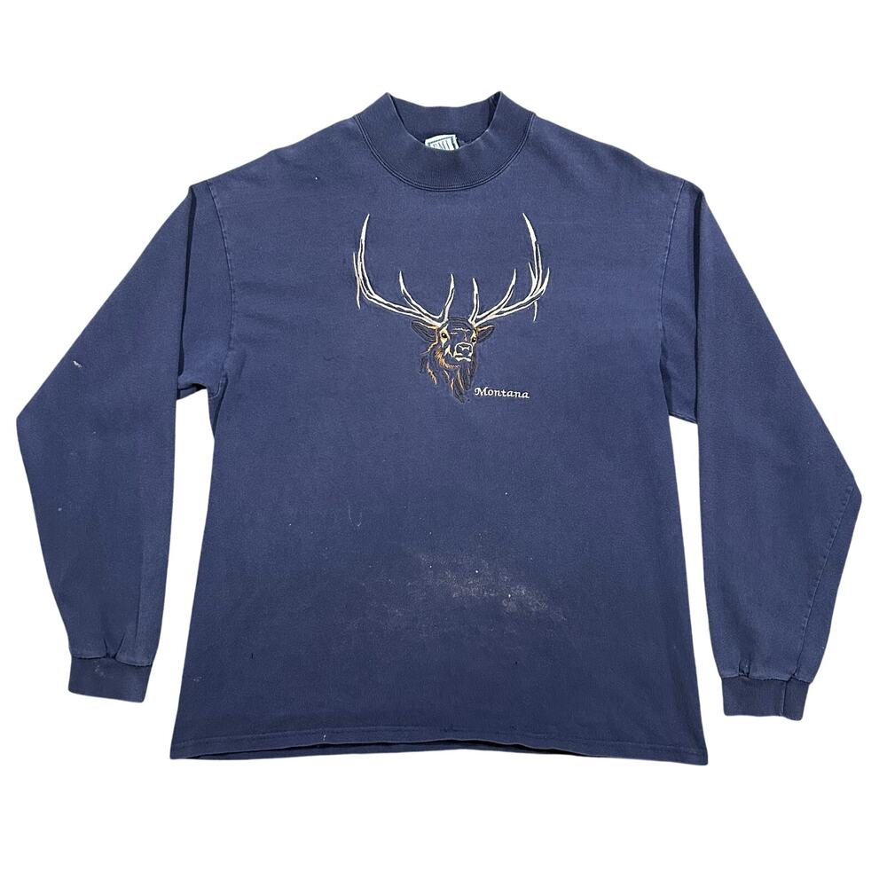 Vintage 90s Montana Elk T-Shirt Men’s Large Embroidered Long Sleeve Mock Neck